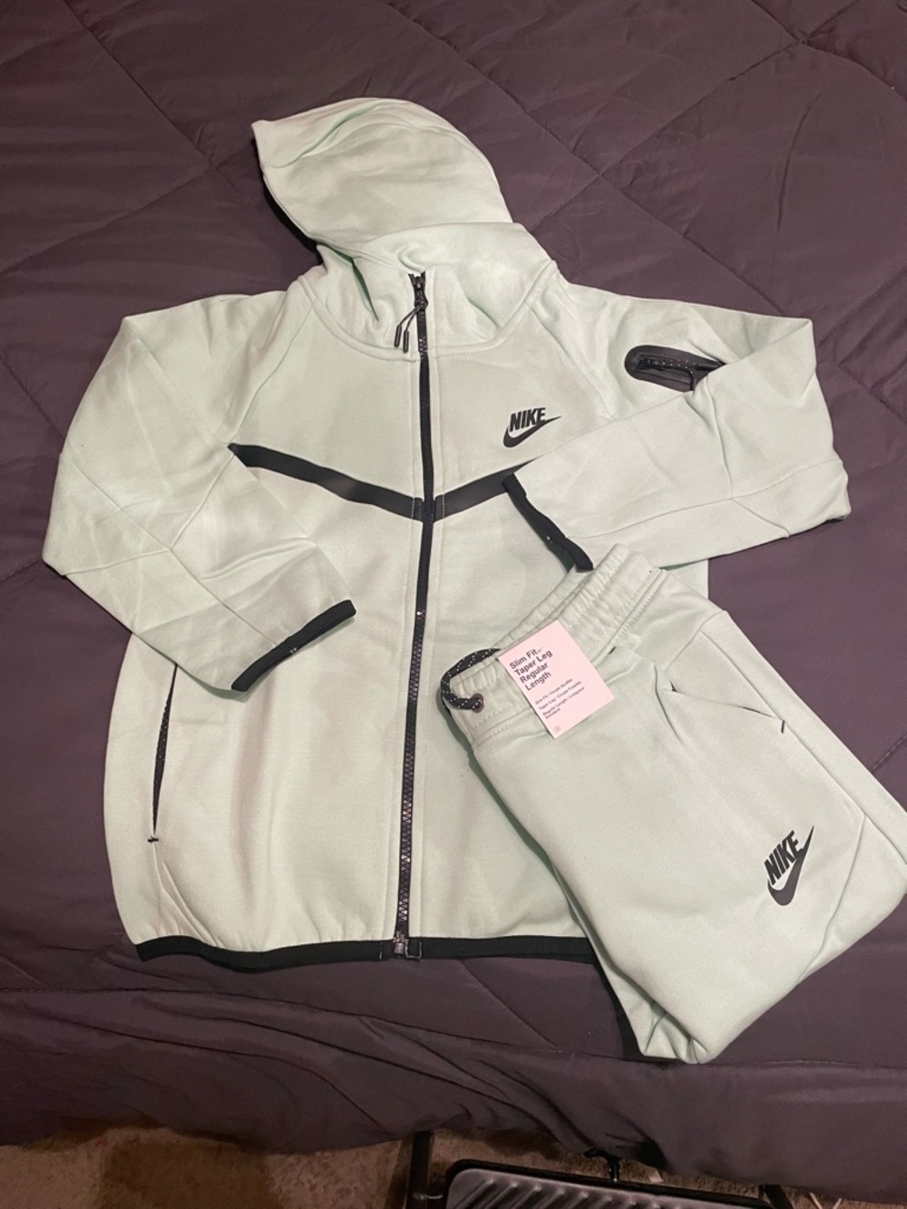Kids Nike Tech Light GreenHooded Zip Jacket and Joggers Set with Black Accents